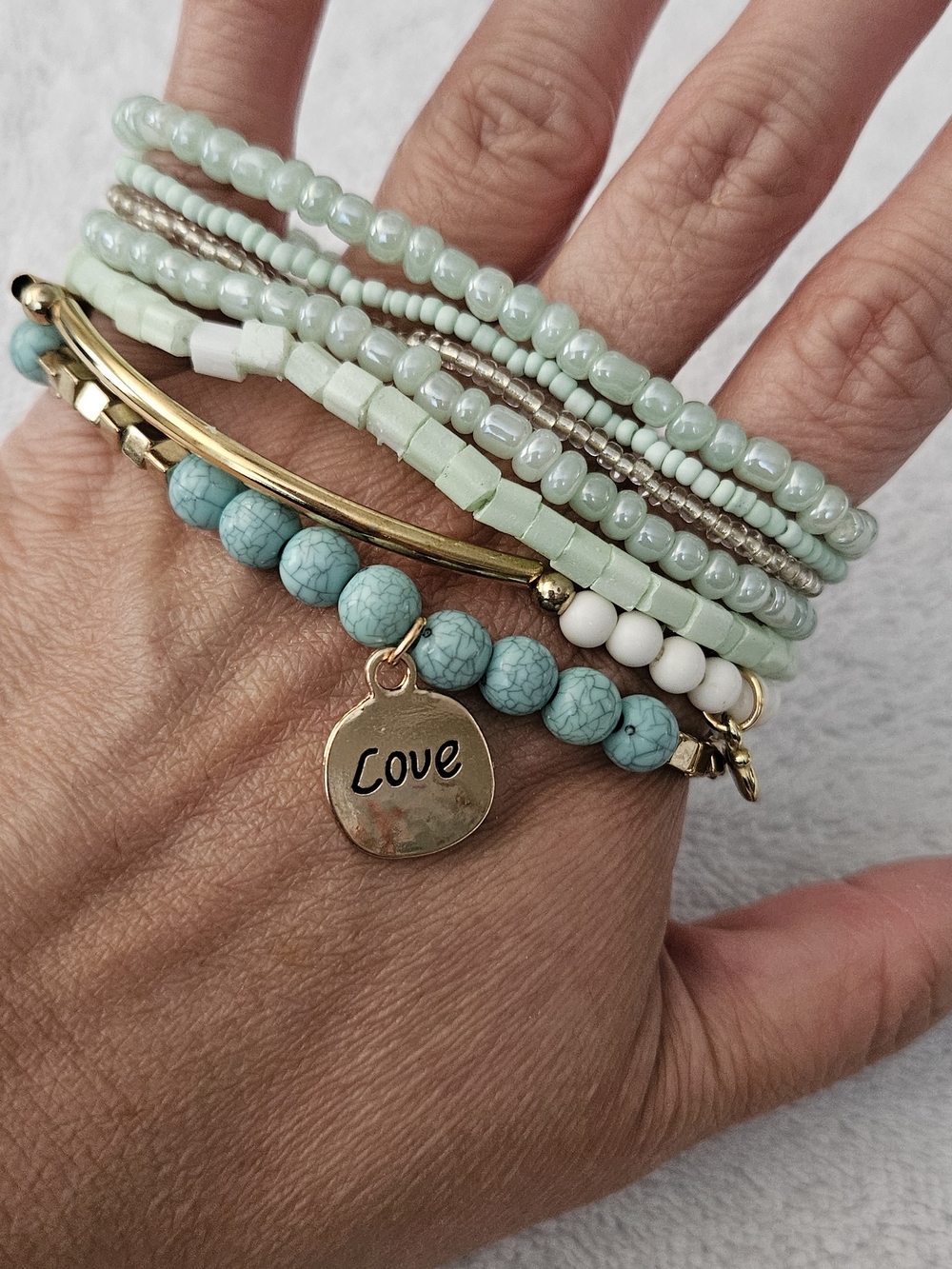 Gold & Mint Multi-Strand Beaded Bracelet Set with 'Love' Charm